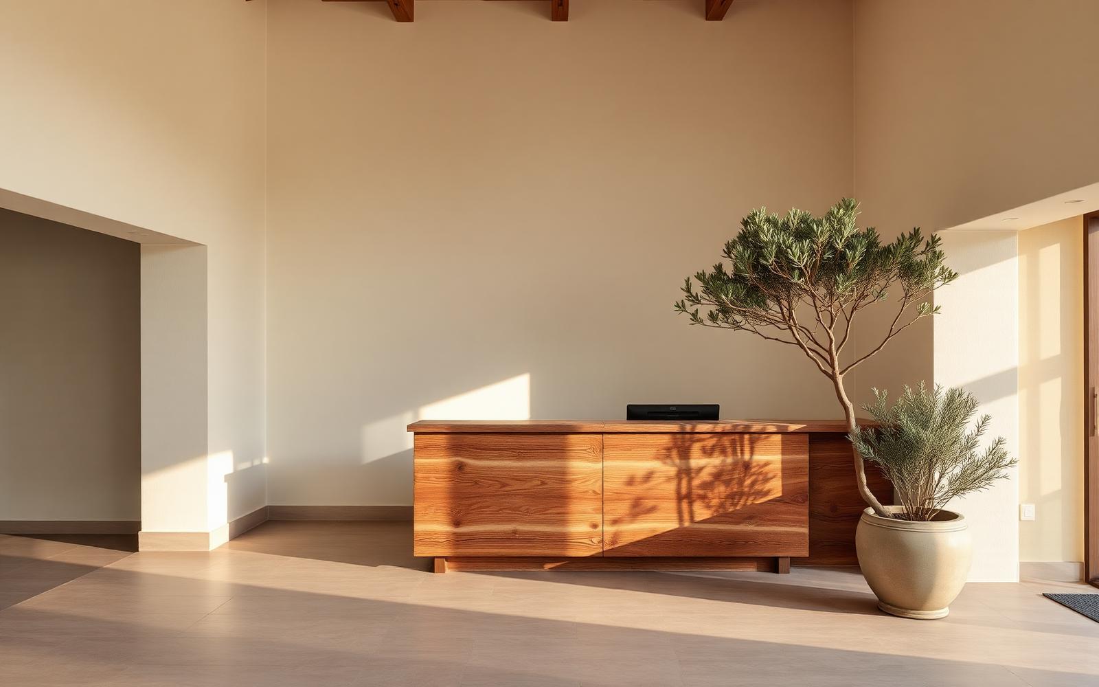 Warm minimal spa lobby with reclaimed wood desk and an olive tree